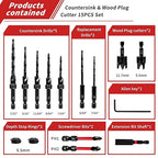 Countersink Drill Bits, 15 PCS Adjustable Tapered HSS Drill Bit Set for Woodworking, with Nitrided Surface, Wood Plug Cutters 1/4" Hex Shank Quick Change, for Wood Drilling with Storage Box