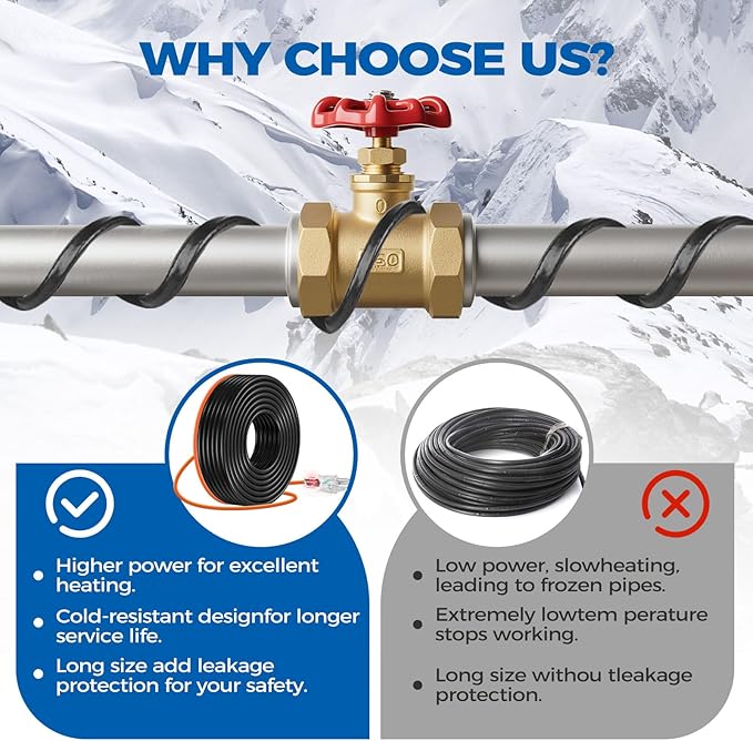5W/FT 120V Pipe Heat Tape 120FT (3FT-200FT) - Freeze Protection Heating Cable for Metal/Plastic Water Pipes, Maintains Flow at -40°F
