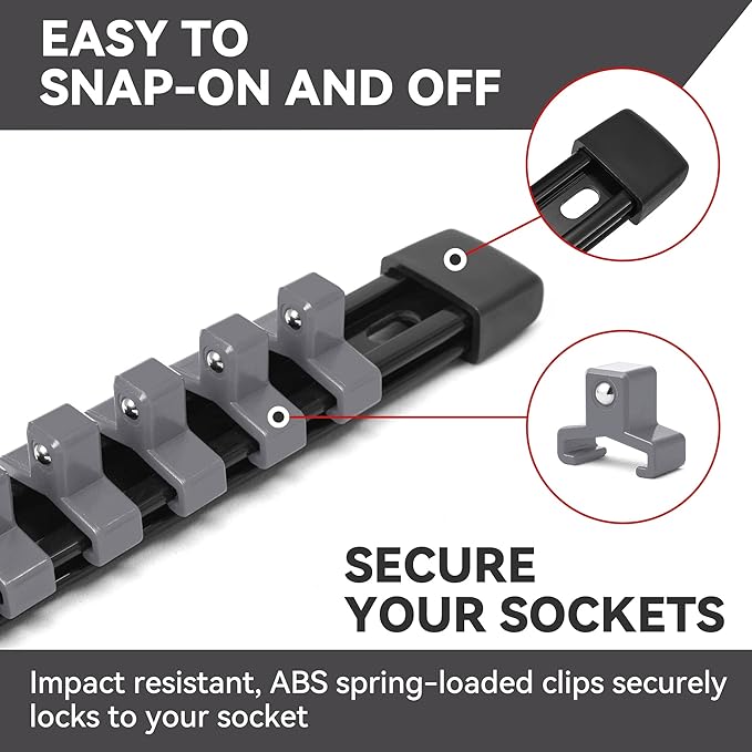 ALOANES 12-PC ABS Socket Organizer, 1/2", "3/8", "1/4" Drives, Heavy Duty Socket Racks, Black Rails with Gray Clips