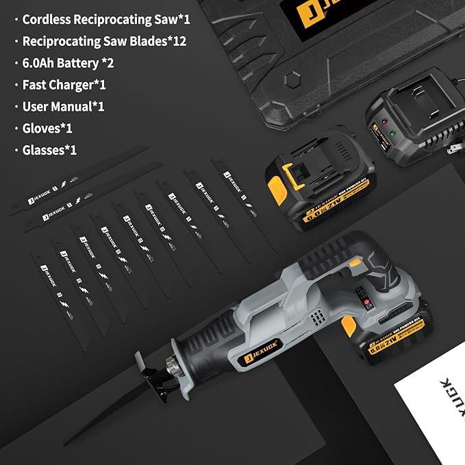 Brushless Reciprocating Saw, 21V Cordless saw saw with 2 x 6.0Ah battery, Electric Portable Sierra Recíproca with 12 Blades & LED Light, 0-3500 SPM Professional Sawsall for Wood, Metal, PVC