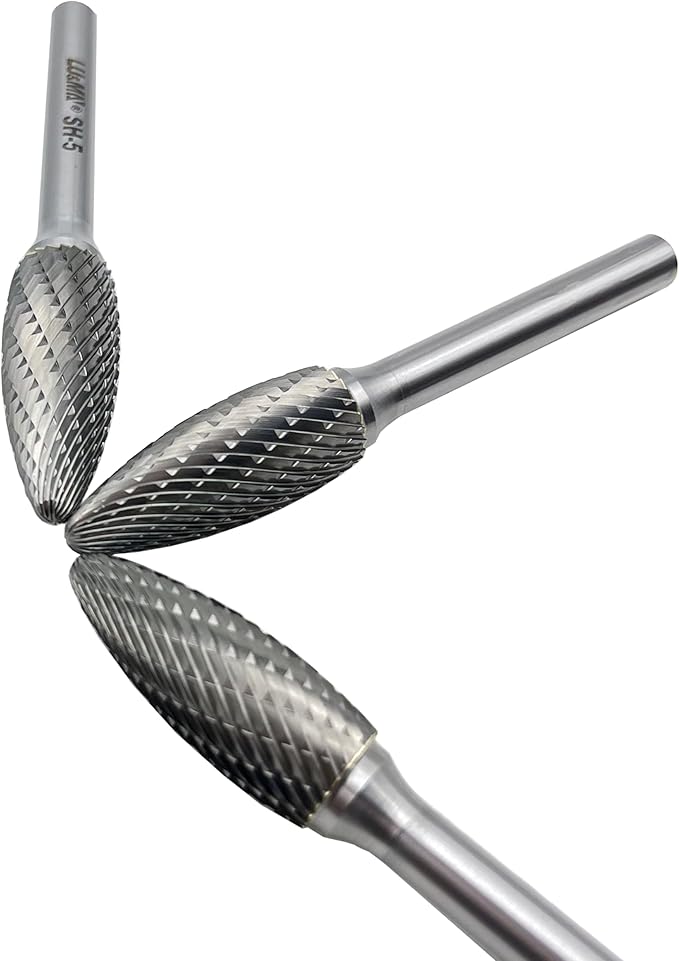 LU&MN SH-5 Tungsten Carbide Burr Rotary File Flame Shape Double Cut (1/2” Cutter Dia X 1-1/4”Cutter Length) with 1/4'' Shank Dia,3PCS