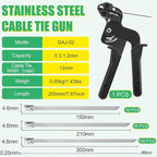 Heavy Duty Stainless Steel Cable Tie Gun Kit with 200 Self-Locking Metal Zip Ties, Adjustable Tension Cutting Tool for Garden Fence Repair, Outdoor Projects (100 of 11.8", 50 Each of 8.6", 6")