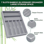 Bellsal Grey Utensil Organizer 12.5 Inch Silverware Tray for Drawer Utensil Holder Cutlery Organizer Kitchen Drawer Organizer 7 Compartment Small Narrow Bamboo