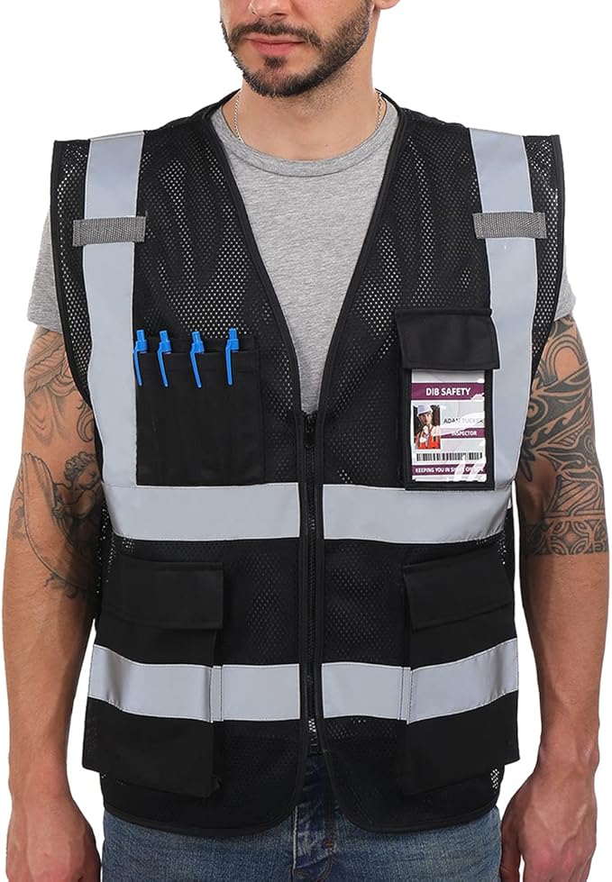 Dib Safety Reflective Mesh Vest High Visibility with Pockets and Zipper, Black Mesh 4X
