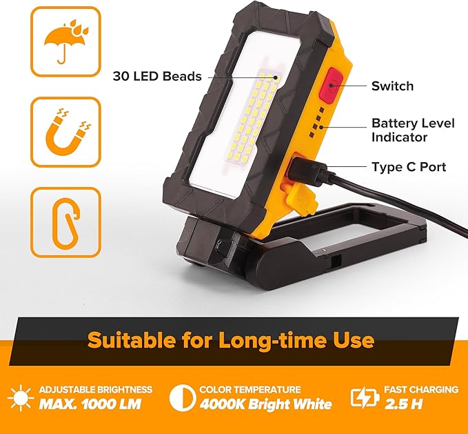 LUTEC Rechargeable Work Light, 1000 Lumens LED Magnetic Light with Magnetic Base and Hanging Hook，360°Rotate and 200°Swivel for Car Repair, Emergency and Camping-2 Pack
