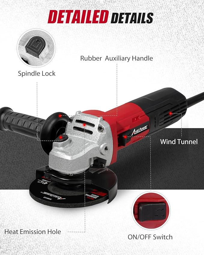 AVID POWER Angle Grinder 7.5-Amp 4-1/2 inch Electric Grinder Power Tools with Grinding Wheels, Cutting Wheels, Flap Disc and Auxiliary Handle for Cutting, Grinding, Polishing & Rust Removal - Dark Red