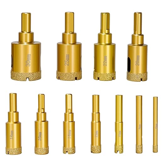 Diamond Hole Saw Tile Drill Bits,Dry/Wet Brazing Drill Hole Saw Kit,11pcs Diamond Core Drill Bit Set for Ceramic, Glass, Tile, Gypsum, Marble, Granite