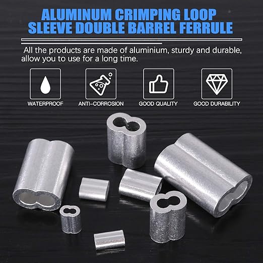 Glarks 200Pcs 3/64''(1.2mm) Aluminum Crimping Loop Sleeve Wire Rope Sleeves Double Barrel Ferrule for Wire Rope and Cable Line End (3/64''-200Pcs)