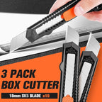 3 Pack Utility Knife Box Cutter Retractable, Compact Box Knife for Cartons, Cardboard, and Boxes, with 10 Piece 18mm Wider Snap-off Blade Razor Sharp Blade, Perfect for Office and Home Use