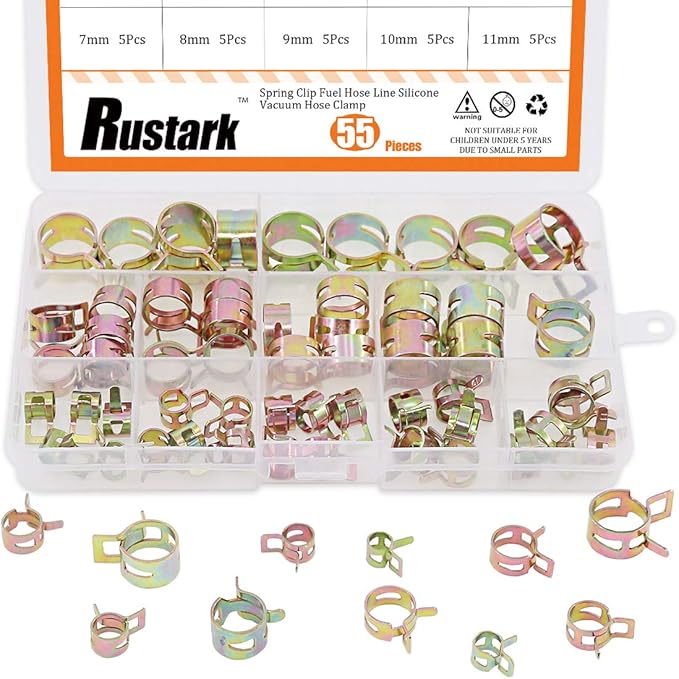 55Pcs Spring Band Type Action Fuel Line Silicone Vacuum Hose Pipe Clamp Low Pressure Air Clip Clamps Fasteners Assortment Kit (5 x 7mm 8mm 9mm 10mm 11mm 12mm 13mm 14mm 15mm 16mm 17mm)