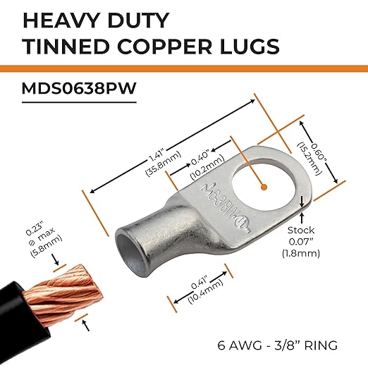 SELTERM 2pcs 6 AWG 3/8" Stud Tinned Copper Wire Lugs, Battery Lugs, Ring Terminals, Battery Cable Ends, 6 Gauge Ring Terminal Connectors, UL Marine Grade Electrical Battery Terminal Connectors