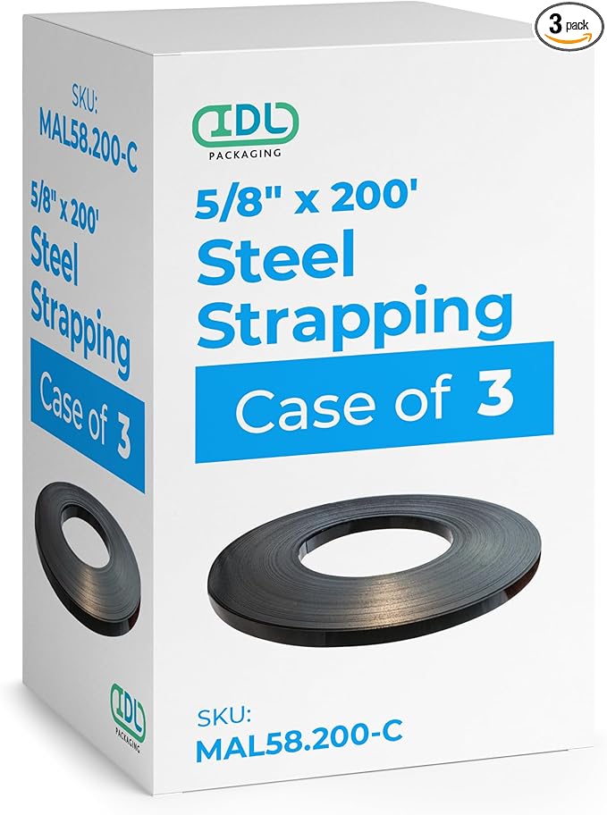 IDL Packaging 5/8" x .020" x 200' Steel Strapping Coil, 1400 Lbs Break Strength in Self-Dispensed Сardboard Box - Portable Strong Banding with Superior Cut-Resistance (Pack of 3)