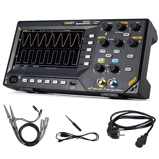 200MHz Digital Oscilloscope, OWON SDS220 Oscilloscope Dual Channel 1GSa/s Sample Rate Support FFT Spectrum Analysis Support 30 Automatic Waveform 7 inch LCD Display