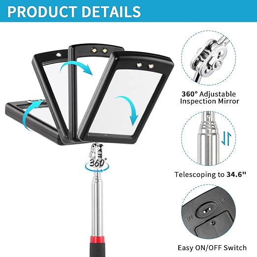 2 Pieces Telescoping Inspection Mirror LED Light Set with Large 3.75" Round Mirror, and 3.3" Square Mirror, Flexible 360 Swivel, for Inspection Viewing, Mechanic Checking, Observation