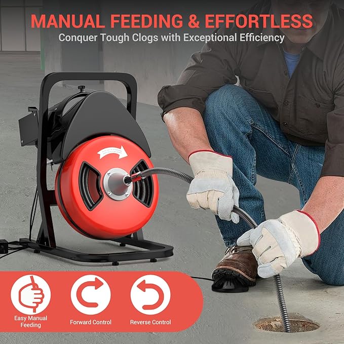 50FTx1/2 Inch Sewer Snake Electric Drain,Drain Cleaner Machine for 2" to 4" Pipes, Plumbing Snake Auger Cleaner with Wheels & 4 Cutter & Foot Switch for Sewer, Sink, Toilet, Bathroom and Shower