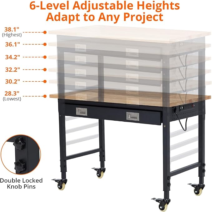 Work Bench 48" Adjustable Height, Heavy-Duty Portable Workbench with Power Outlets and Drawer for Garage & Workshop, 2000 LBS Load Capacity Large Pegboard, Work Table for Office, Home, Easy Assembly