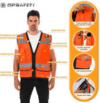 Reflective Safety Vest With Back Pouch, High Visibility Class 2 Heavy Duty Surveyor Zipper Vest (Orange, L)