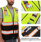 Dib Safety Reflective Mesh Vest High Visibility Two Tone with Pockets and Zipper, Yellow and Black Mesh with Orange Trim 2XL