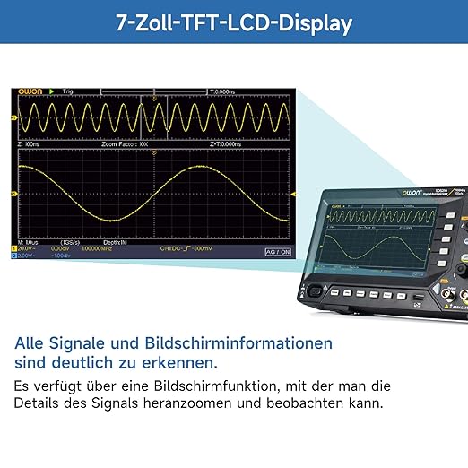 OWON Digital Oscilloscope with Dual-Channel Channels and Screen 7 inch / 18 cm, TFT-LCD Display, Portable Professional Oscilloscope Kit with 1GS/s Sampling Rate, Bandwidth 100MHz,SDS210