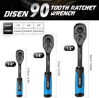 DISEN 3pcs Black Ratchet Set (1/2", 3/8", 1/4" Drive) - 90-Tooth Reversible with Non-Slip Rubber Grip, Quick Release & EVA Tray - Professional Ratchet Wrench Handle Kit