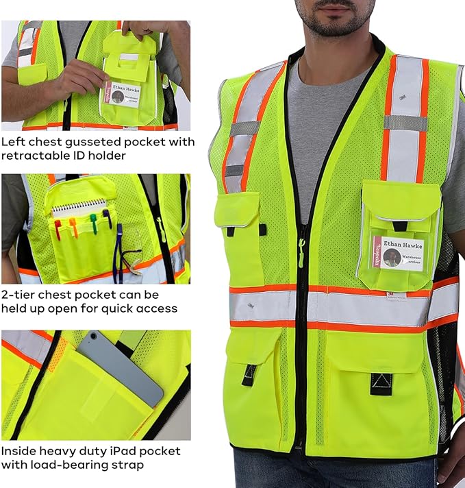 Neopelta Reflective Safety Vest Yellow Mesh, Made with 3M Reflective Tape, Heavy Duty Vest with ID pocket, Padded Neck, Yellow 4XL