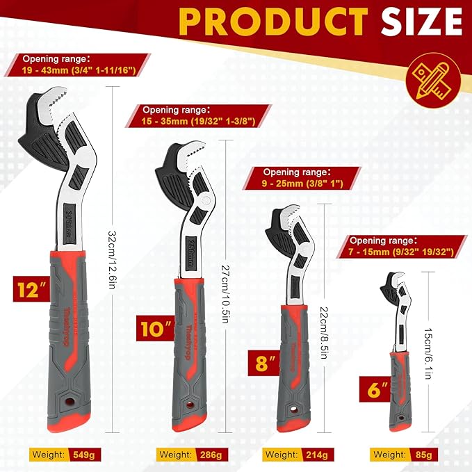 Self-Adjusting Pipe Wrench, 6", 8", 10", 12" Pipe Vise, Multifunctional Self-Locking, 3 Sides Teeth, Universal Adjustable, Plumbers Wrench