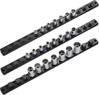 3-Piece Magnetic Socket Organizer, Heavy Duty Aluminum Socket Rails Organizer, 360° Swivel Clips Socket Holder Kit for Tool Box, 1/2, 3/8, 1/4-Inch Socket Holder x 40 Clips (Black)