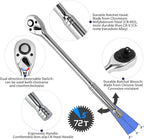 1/2-Inch Drive Ratchet Wrench, 1/2 Ratchet Wrench Long Handle, Socket Wrench, 72-Tooth Quick-release Reversible Cr-Mo Head, Chrome Steel Made - 20''51cm
