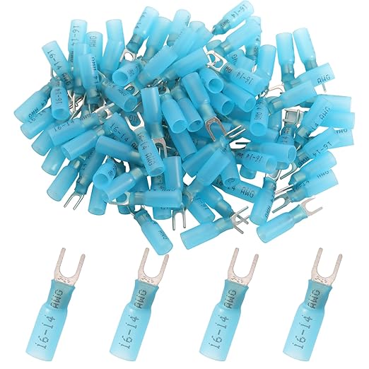 100PCS AWG16-14 Heat Shrink Fork Connectors,Insulated Fork Spade #8 Wire Connectors Kit,SV2-4 Waterproof Marine Crimp Terminals for Watercraft, Electronics, Automotive