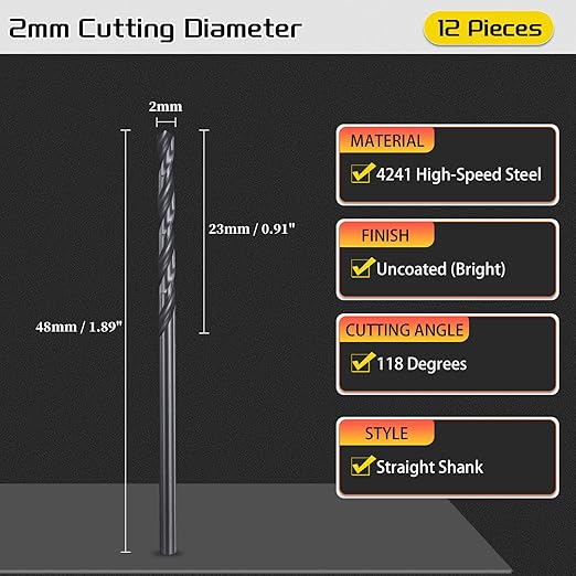 Drill Bit, 2mm Cutting Diameter, 4241 HSS Nitriding Black 118° Cutting Angle Versatile Jobber Bits - (Applications: for Drilling Plastic Wood Soft Metal), 12-Pieces