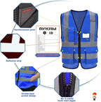 A-SAFETY Blue High Visibility Vests Reflective Work Vest,Hi Vis Bright Neon Color with 4 Reflective Strips 7 Pockets