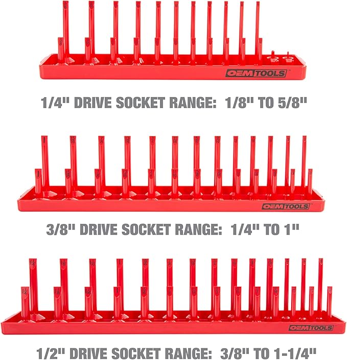 OEMTOOLS 22413 6 Piece SAE and Metric Socket Tray Set, SAE and Metric Socket Storage for Sizes 1/4", 3/8”, and 1/2" Drive, Socket Holders and Socket Organizer Tray for Toolbox, Red/Grey