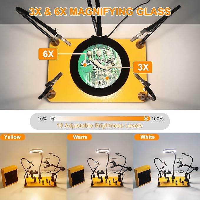 Magnetic Helping Hands Soldering Third Hand with 3X & 6X LED Magnifying Lamp, Hot Air Gun Holder,12V Solder Fume Extractor, Extra Large & Heavy Duty Base, Four Arms Solder Station for Soldering PCB
