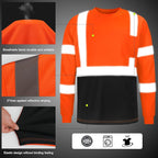 High Visibility Class 3 T Shirts，Hi Vis Safety Shirts with Reflective Strips and Pocket, Long Sleeve Quick Dry Mesh Construction Work Shirt for Men/Women Black Bottom Orange,6XL