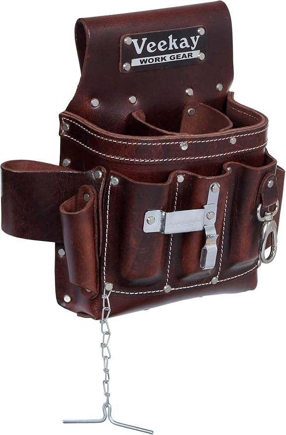 VEEKAY Electrician's Leather Tool Pouch – 10 Pocket Full Grain Leather Organizer for Electricians, Carpenters & Construction Workers – Durable, Heavy-Duty Utility Pouch (Brown/Black)