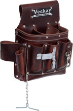 VEEKAY Electrician's Leather Tool Pouch – 10 Pocket Full Grain Leather Organizer for Electricians, Carpenters & Construction Workers – Durable, Heavy-Duty Utility Pouch (Brown/Black)