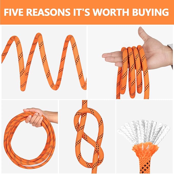 X XBEN Braided Polyester Arborist Rope 3/8 inch X 220ft, 48 Strands, 3430 LBS Breaking Strength Outdoor Rope, Arborist Rigging Rope for Rock Hiking Camping Swing Tree Rescue, Orange