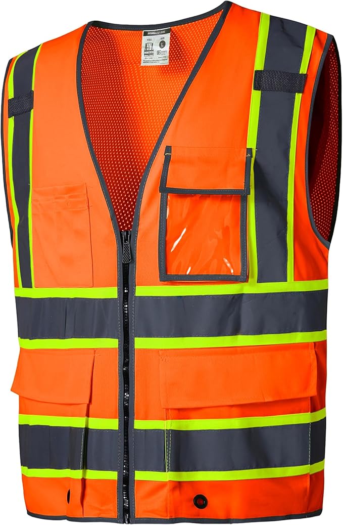 SKSAFETY 10 Pockets Safety Vest, Class 2 High Visibility Security with Zipper Back Mesh, Hi Vis Vest with Reflective Strips, ANSI/ISEA Standard, Construction Work Vest for Men ＆ Women （Orange, 4XL）