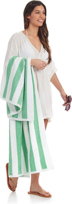 Amazon Basics 100% Cotton Terry Cabana Stripe Pool & Beach Towel, Soft & Absorbent, Quick Drying, Large, 2-Pack, Green, 30" x 60"