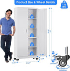 73" H Metal Storage Cabinet with Wheels, Pegboard and 4 Hooks, Garage Storage Cabinet with 4 Adjustable Shelves and 2 Lockable Doors for Garage Home Office, Basement, Assembly Required, White