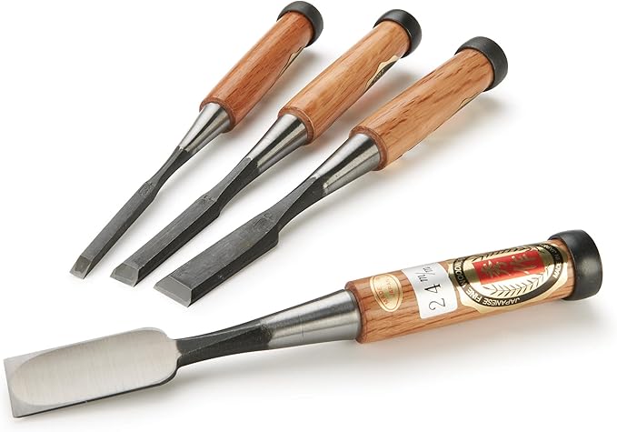 Ioroi 4-Piece Japanese Bench Chisel Set - 6 mm, 12 mm, 18 mm, 24 mm - High Carbon Steel Blade - Wood Handle - Wood Chisels