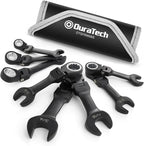 DURATECH Stubby Flex-head Ratcheting Combination Wrench Set, SAE, 8-piece, 5/16" to 3/4", CR-V Steel, Black Electrophoretic Coating, with Rolling Pouch