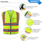 SKSAFETY 10 Pockets Safety Vest, Class 2 High Visibility Security with Zipper, Hi Vis Vest with Reflective Strips, ANSI/ISEA Standard, Construction Work Vest for Men ＆ Women （Lime, 5XL）