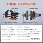 VEVOR Bench Vise, 4.5-inch Jaw Width 3.3-inch Jaw Opening, 240-Degree Swivel Locking Base Multipurpose Vise w/Anvil, Heavy Duty Cast Iron Workbench Vise w/Bolts & Nuts, for Drilling, Pipe Cutting