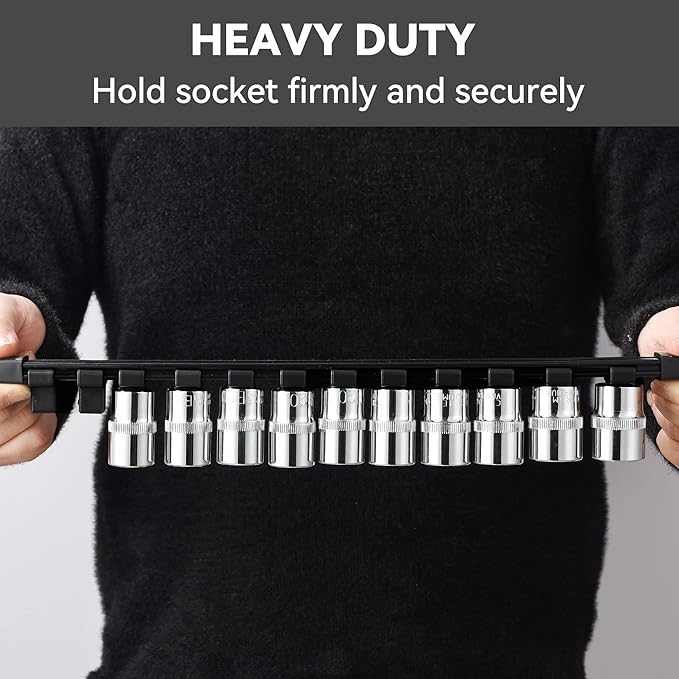 ALOANES 30 PC ABS Socket Organizer, 1/2 inch, 3/8 inch and 1/4 inch Drive Socket Rail Holders, Heavy Duty Socket Racks, Black Rails with 5 Color Clips