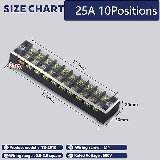 Terminal Block (4 Sets) 4Pcs 10 Positions Dual Row 600V 25A Screw Terminal Strip Blocks with Cover&4Pcs Pre-Insulated Barrier Termina Block Strip&40Pcs Insulated Fork Wire Connector