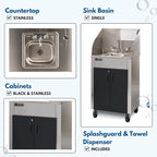 Ozark River Portable Sinks Elite PRO1, Free Standing Portable Concession Sink, Commercial Restaurant Portable Sink with Hot Water, Stainless Food Service Sink, Black Doors-Black Edges-Splashguard