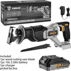 Cordless Reciprocating Saw: DEKOPRO 20V Lithium Ion Power Reciprocating Saw with Battery and Charger, Variable Speed Trigger, 25/32" Stroke Length, 0-2800RPM and 4-5/16" Max for Wood, Metal, PVC