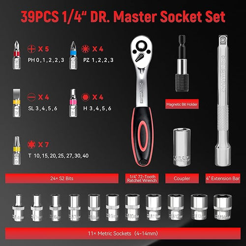 1/4" Socket Set, 39pcs Mini Ratchet Set, Metric Socket Wrench Set with S2 Bits, Small Ratchet & Extension Bar, Compact Mechanic Tool Set for Car, Home & DIY Repairs (39pcs)