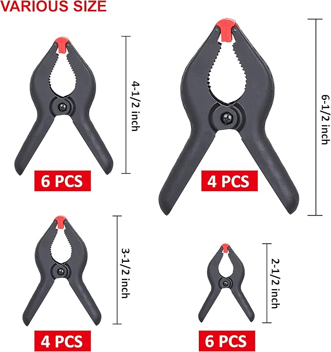 FASTPRO 20-PACK 4-Size Nylon Plastic Spring Clamps with String Bag Organizer, Included 6-1/2in., 4-1/2in., 3-1/2in.and 2-1/2in.